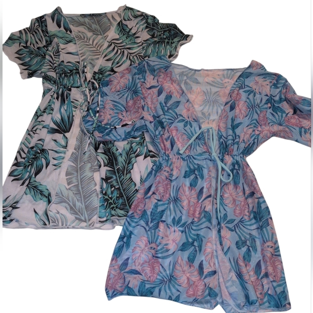 2/$20 2 Tropical Print Swim Coverups/Kimonos - Green and Pink